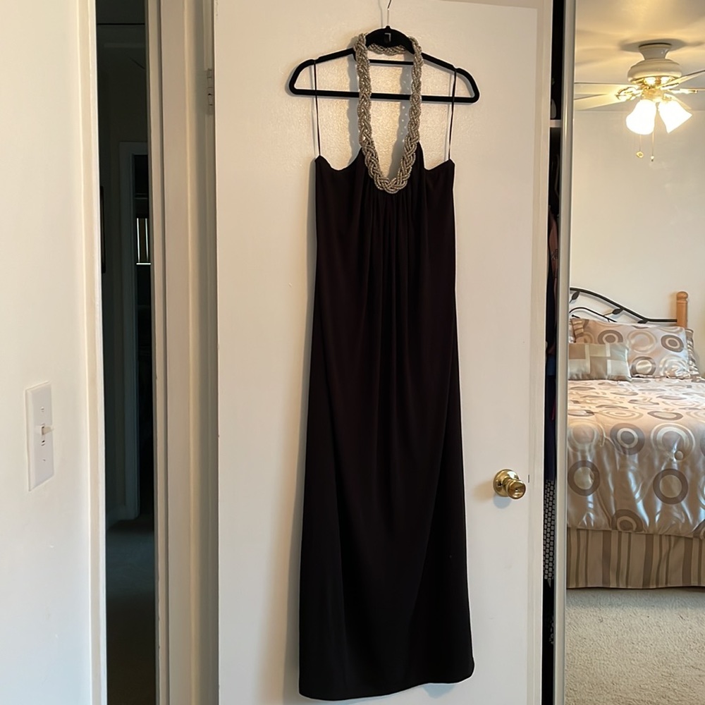 Black Embellished Braided Neckline Maxi Dress.